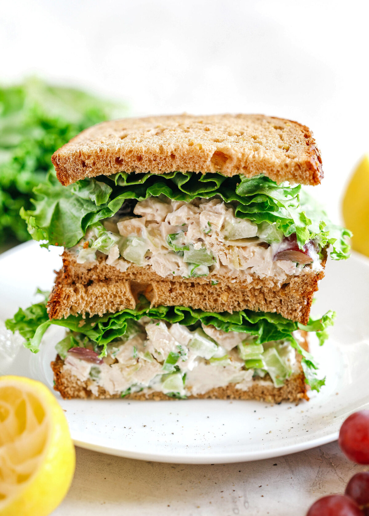 Healthy Chicken Salad made with tender chicken, Greek yogurt instead of mayo, crunchy celery, grapes, and sliced almonds for a delicious spin on a classic favorite!